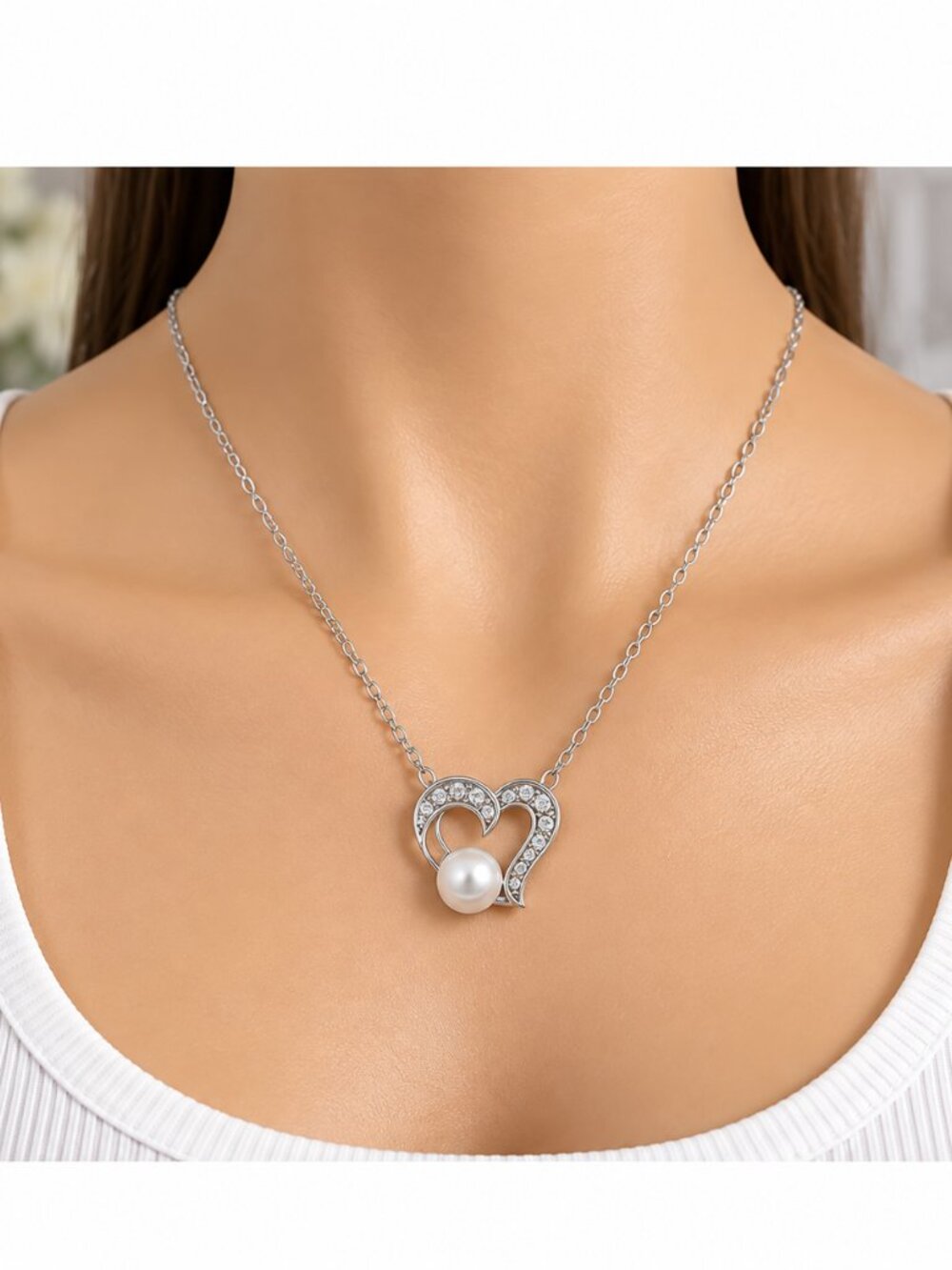 NWT Giani Bernini Sterling Silver Heart Necklace with Pearl and Cubic Zirconia